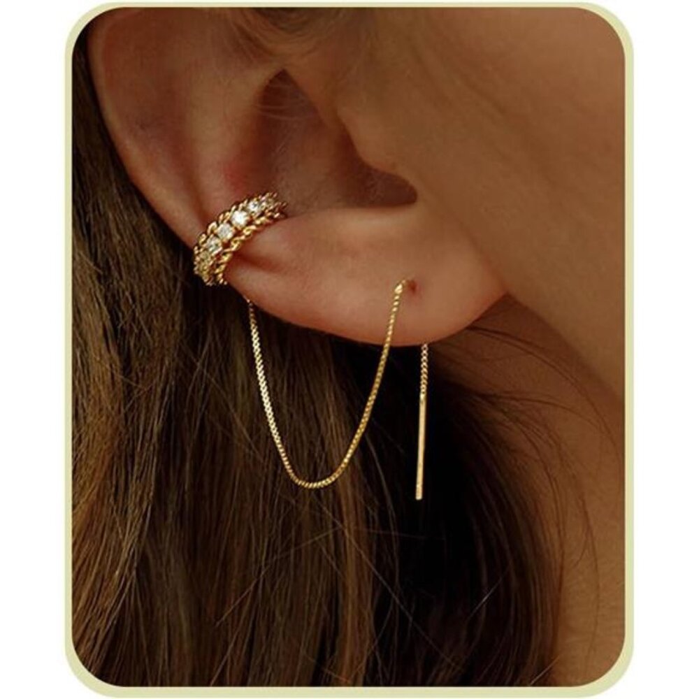 Gold Rhinestone Fringe Clip Earrings | Long Crystal Dangle Hoops